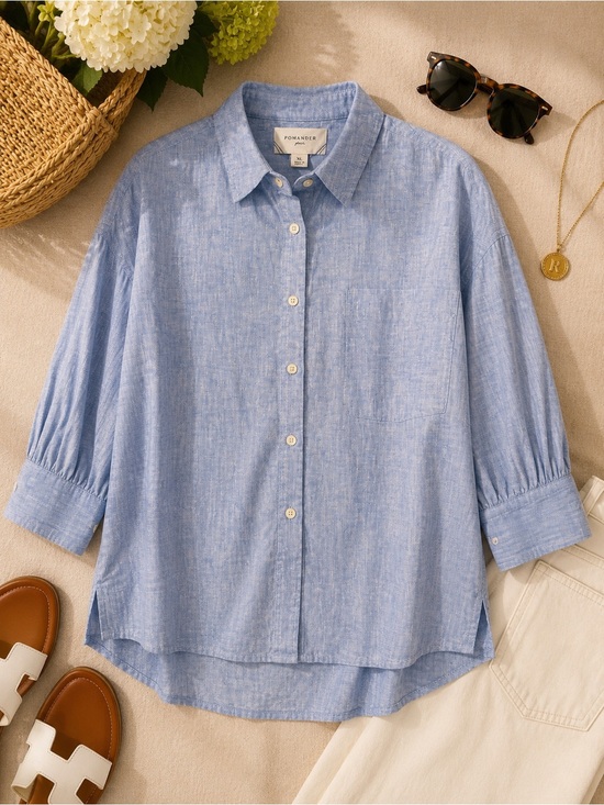 Pomander Place Tops - Pomander Place XL Blue Linen Blend Button Front Shirt 3/4 Sleeve